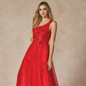 NEW LONG A-LINE ONE SHOULDER POLYESTER DRESS EMBROIDERED WITH RHINEONES JT 298